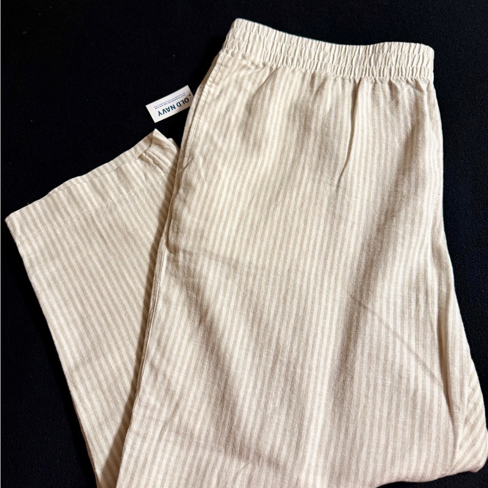 Old Navy Linen-Blend Ankle Pants 2X NWT Beige Stripe Elastic Waist Spring Summer